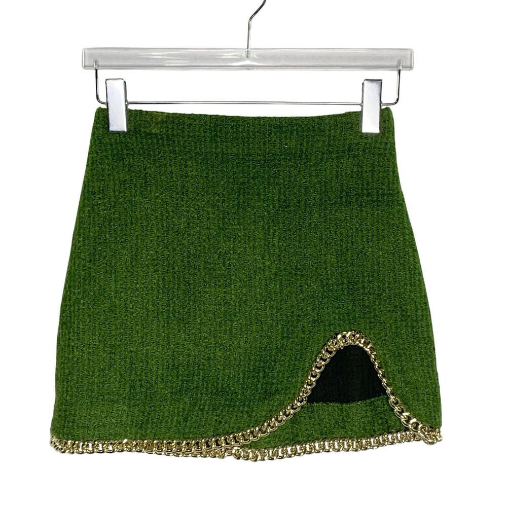 ZARA Green Tweed Gold Chain Trim Mini Skirt XS Kelly Green Blogger Fav